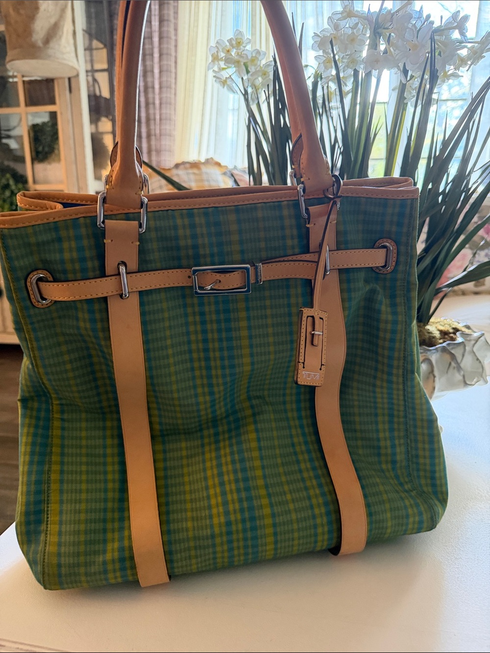 Tumi Green Plaid Tote with Tan Leather Trim
